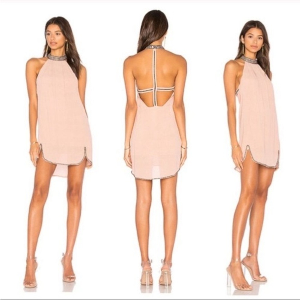 NBD Blush Beaded Halter Open-Back Mini Dress